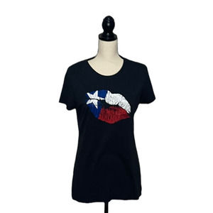 𝅺district Made Lips Print T Shirt Womens Small S Black Texas Flag Graphic Shirt